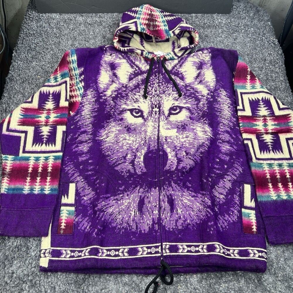 Otavalos Wool Full Zip Hooded All Over Print Wolf Sweater XL UNISEX NWOT